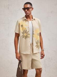 AKNOTIC Business Casual 2 Stücke Herren Floral Muster Locker Sitzende Lässig Hemd Set, in Khaki, geeignet für den täglichen Gebrauch und Urlaub, Frühling/Sommer - Khaki - Übersicht 2