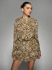 MISSGUIDED Elegant Leopard Print Romper Playsuit Short Jumpsuit With Long Sleeves Mock Neck Party Club Evening Special Occasion Spring Summer Fall - Multicolor - View 1