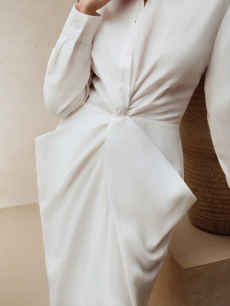 Anewsta Elaire French High-End Fashion Waist Pleated Design V-Neck Slim Lyocell Long Women's Shirt Dress Old Money