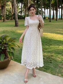 DAZY 蕾丝荷叶袖中长连衣裙，女士度假装扮 - 白色 - 查看 6