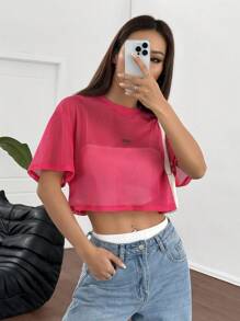 SHEIN EZwear Fuchsia Pink Mesh Relaxed Fit Round Neck Short Sleeve Casual Top For Women - Hot Pink - View 3