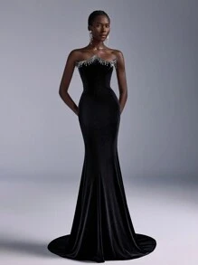 Elitara Elegant Luxurious Black Velvet Crystal Tassel Decor Bodycon Mermaid Maxi Dress, Wedding Guest Dress, Suitable For Evening Party, Gala, Single Party And Various Occasions, Formal Dress,Gown