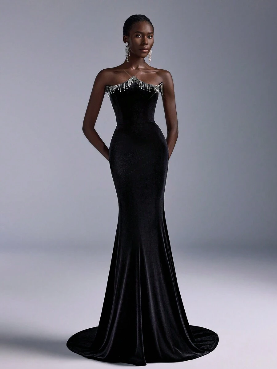 Elitara Elegant Luxurious Black Velvet Crystal Tassel Decor Bodycon Mermaid Maxi Dress, Wedding Guest Dress, Suitable For Evening Party, Gala, Single Party And Various Occasions, Formal Dress,Gown