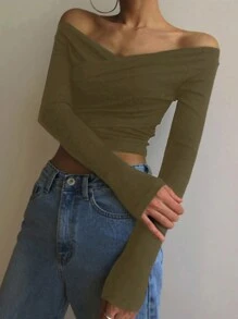 DAZY 女士纯色简约时尚休闲日常T恤长袖女上衣，秋季女装短款女上衣 - 軍綠色 - 查看 7