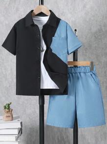 2 pièces Set Chemise casual patchwork et shorts effet denim pour garçons pré-adolescents, tenue d'été - Noir - Voir 8