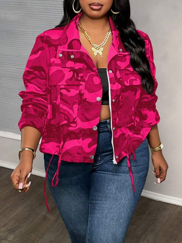 Slaydiva Veste à imprimé camouflage avec cordon de serrage à la taille, pour le port quotidien en grandes tailles