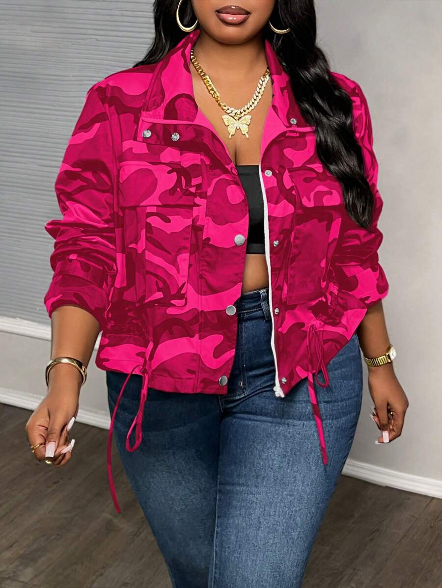 Slaydiva 适合日常穿着的大码迷彩印花抽绳下摆夹克 - 玫紅色 - 查看 1