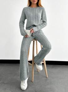 SHEIN PETITE Women Casual Minimalist Cable Knitted Sweater And Pants Set, Suitable For Autumn/Winter - Light Grey - View 4