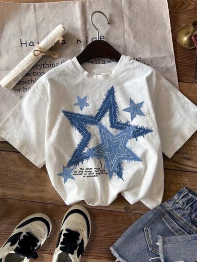 SHEIN Leap Crew Tween Girl 休闲简约白色短袖圆领 T 恤，带星星图案，适合夏季