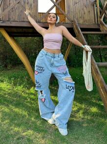 SHEIN MOD Pantalones vaqueros azules rectos y holgados de talla grande con efecto desgastado