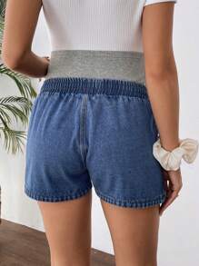 SHEIN Pregnant Women Grey Knitted Belly Support & Blue Denim Loose Shorts,Blue,Suitable For Parties, Holidays, Dates, Valentine's Day, Afternoon Tea, Summer / Summer Outfits / Summer Clothes,Year-Round,For Spring/Summer Holiday,Suitable For Summer,Blue Summer,Vacation Outfits Woman,Easter,Spring,Western,Office Outfits For Women,Rave Outfits,Baby Shower ,Cottagecore,Country Outfits Women, Chic, For Women Elegant,Beach ,Graduation ,Vacation ,Easter ,Sun,Mother Day/Mom/Mother/ Mommy/Mother's Day/Mama/Mum/Mother's Day Gift - Blue - View 2