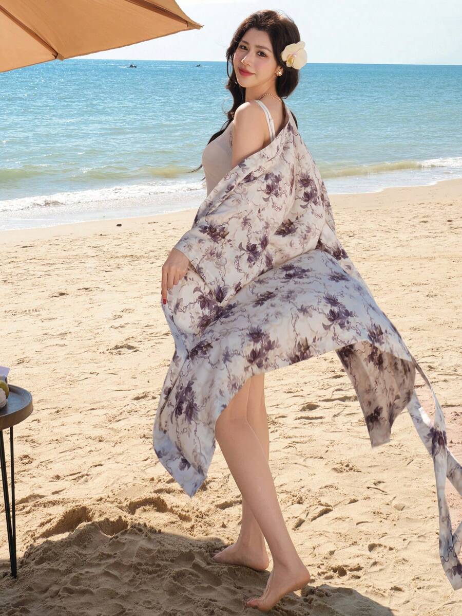 DAZY Kimono ampio a fantasia floreale da donna, copricostume, abbigliamento da resort, adatto per vacanze estive al mare - Multicolore - Visualizzare 1