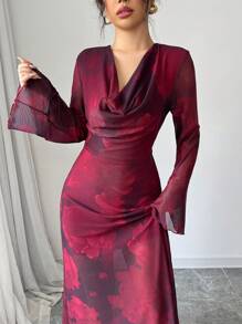 Elenzga Sheer Mesh Rose Floral Print Draped Neck Long Sleeve Maxi Elegant Dress