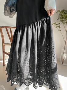 FRIFUL Women's Black A-Line Embroidered Patchwork Skirt - Black - View 3