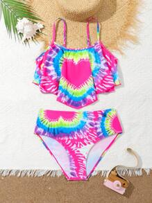 Teen Girl Tie Dye Heart Print Ruffled Tankini Swimwear Set,Popular Teenn Bathing Suits - Multicolor - View 5