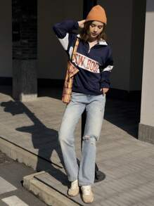 Jouncy 女士半拉链卫衣，简约印花设计，实用多功能套头秋季卫衣 - 藍色 - 查看 2