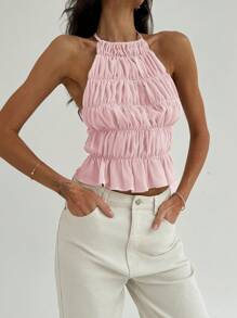 Aloruh 女士可调节系带领口荷叶边分层半透明浪漫约会短款外出上衣 - 淺粉色 - 查看 4