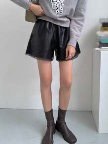 DAZY Women's PU Leather Waist Elastic Lace Splice Shorts, All Season - Black - View 3