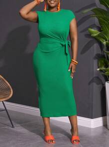 Slaydiva 2025 New Arrivals Plus Size Women Casual Solid Color Short Sleeve Mid-Length Dress