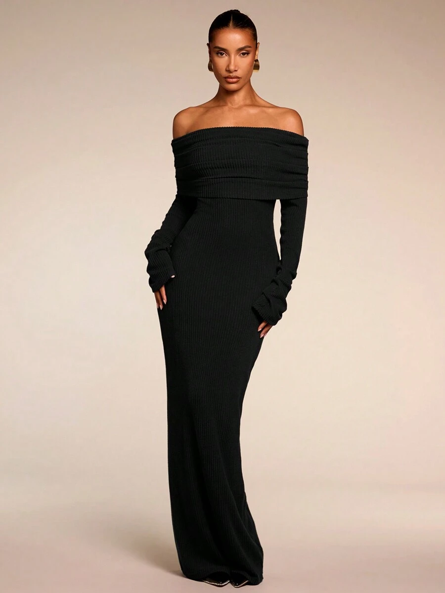SHEIN BAE Đầm dài tay trễ vai màu trơn đơn sắc cho nữ, trang phục dự tiệc cho nữ, váy năm mới cho nữ, quần áo giáng sinh cho nữ - màu đen - Xem 1