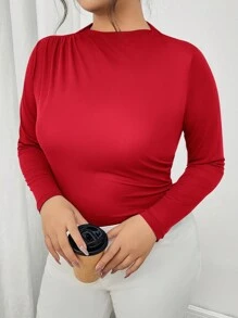 SHEIN Frenchy Camiseta azul de manga larga, con pliegues, elegante y ajustada, de talla grande para otoño y casual - Rojo - Ver 5