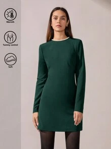 BizChic 2025 Summer New Arrival Emerald Green Round Neck Pearl Decor Long Sleeve Ladies Dress, Elegant Business Casual Everyday Wear, Suitable For Wedding Guest, Beach Vacation, 90s Retro Stockholm Style, 4th Of July