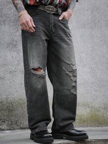 DAZY Solid Color Distressed Men's Ripped Jeans, Autumn - Black - View 4