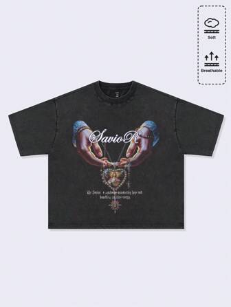 Goth Camiseta de manga corta con estampado, de corte holgado y caída en los hombros, con estilo retro urbano para hombres en talla grande
