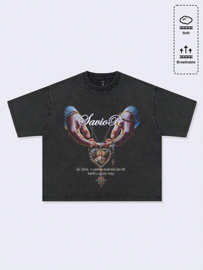 Oversized Men's Gothic Washed Loose Dropped Shoulder Short Style Print T-Shirt, Retro Streetwear, Halloween