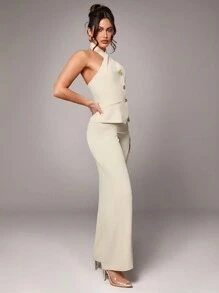 Silquee Women's Daily Simple Date Wear, Elegant Party, Seasonal Spring Wear, Sleeveless Solid Color, Apricot Pocket Design, Metal Buckle Slim Design, High Quality Women's Suit Two-Piece Suit, Suit Top & Pants Suitable For Cocktail Parties, Romantic Dates, Autumn And Winter Party Bottoms, Formal Dance Party, Bridesmaid, Evening Dress, Girlfriends Party, Office - Apricot - View 5