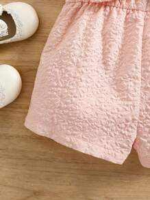 SHEIN Leap Crew 女婴可爱纹理粉色蝴蝶结装饰连体衣，夏季