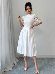 Elenzga Contrast Lace Elegant Pleated Bubble Sleeve Fitted Waist White Mini Dress - White - View 4