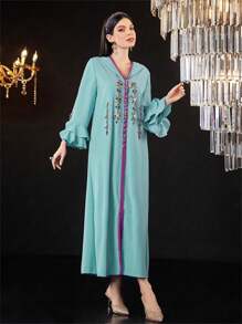 Al Najma Abito con cappuccio con maniche a sbuffo e decorazioni di strass in stile arabo per donne