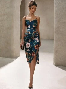 Aveloria Rosie Vestido camisero satinado con estampado floral, drapeado y abertura lateral para vacaciones para mujer