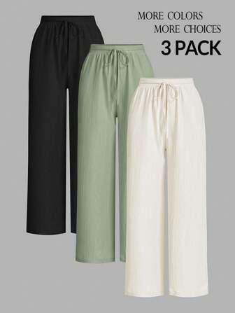 SHEIN PETITE Women's Three Pieces Textured Wide-Leg Trousers Black+White+Green