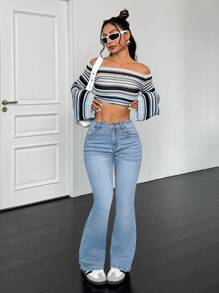 SHEIN PETITE Women's Flared Casual Versatile Denim Jeans With Pockets