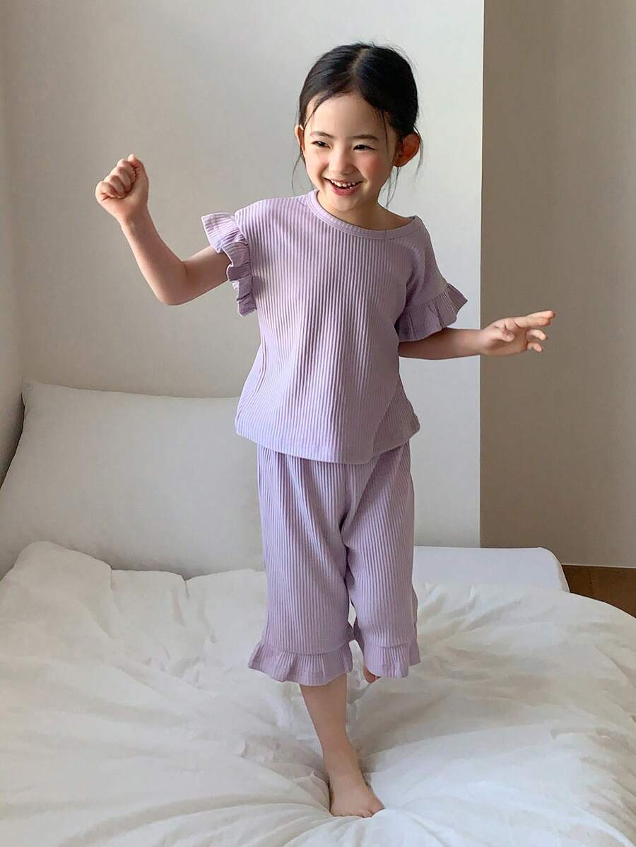 DAZY 年轻女孩简约时尚休闲日常上衣和裤子休闲套装，女孩夏季服装 - 紫色 - 查看 1