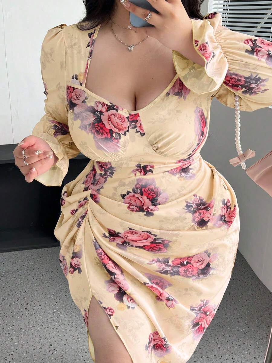 Vibekara Plus Size Women Pleated Heart-Shaped Collar Long Sleeve Floral Print Split Hem Romantic Elegant Vintage Dress, Pink Maxi Women Outfit