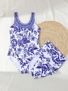 SHEIN 2pcs/Set Teen Girls One-Piece Random Floral Printed Swimsuit - Blue and White - View 5