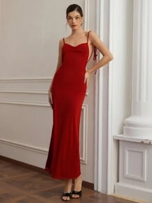 GENKIRA 女式长款优雅无袖网眼露背系带飘逸安哥拉红色连衣裙 - 酒紅色 - 查看 4