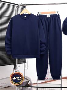 SHEIN Set da 2 pezzi di felpa girocollo e pantaloni della tuta casual e comodi, adatti per scuola, sport, uscite in autunno/inverno, con imbottitura termica, spessi, adatti per ragazzi adolescenti - Blu Navy - Visualizzare 1