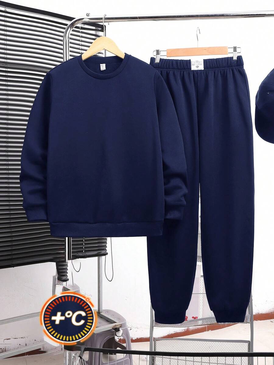 SHEIN Set da 2 pezzi di felpa girocollo e pantaloni della tuta casual e comodi, adatti per scuola, sport, uscite in autunno/inverno, con imbottitura termica, spessi, adatti per ragazzi adolescenti - Blu Navy - Visualizzare 1