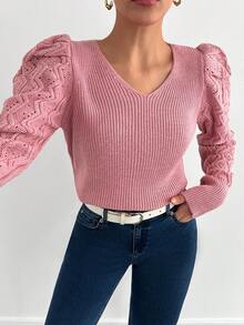 EURMUSE V-Neck Solid Color Puff Sleeve Knit Sweater - Pink - View 4
