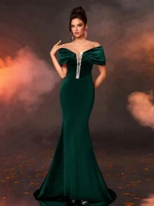Glamrae Elegant Velvet Off Shoulder Bowknot Off The Neck Luxury Rhinestone Chain Decor Mermaid Tail Formal Gown, Wedding Guest Dress, Party Dress, Evening Dress