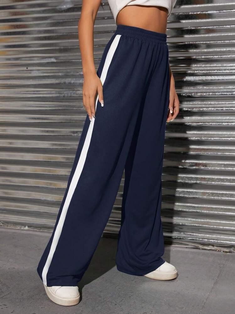 Tween Girl Casual Solid Color Knit & Mesh Patchwork Ribbon Wide Leg Pants - Navy Blue - View 1