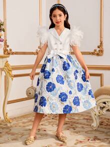 Tween Girls' Floral Jacquard Patchwork Fluffy Double-Breasted Dress - Blue - View 7