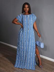 Slaydiva Sukienka dżinsowa damska z podartymi rękawami, swobodna i modna do codziennego noszenia - Niebieski - Zobacz 2