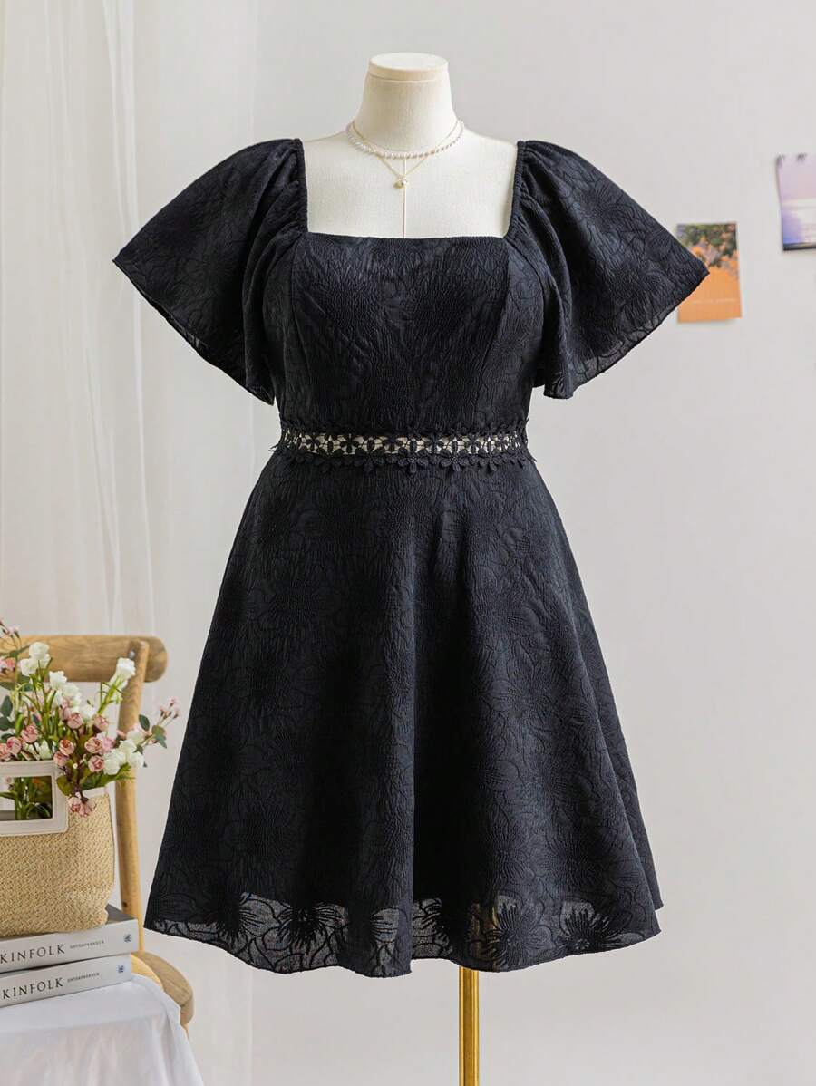 Soleia White Knitted Jacquard Waist Lace Trim Backless Tie Up Plus Size Women Vacation Dress - Black - View 1
