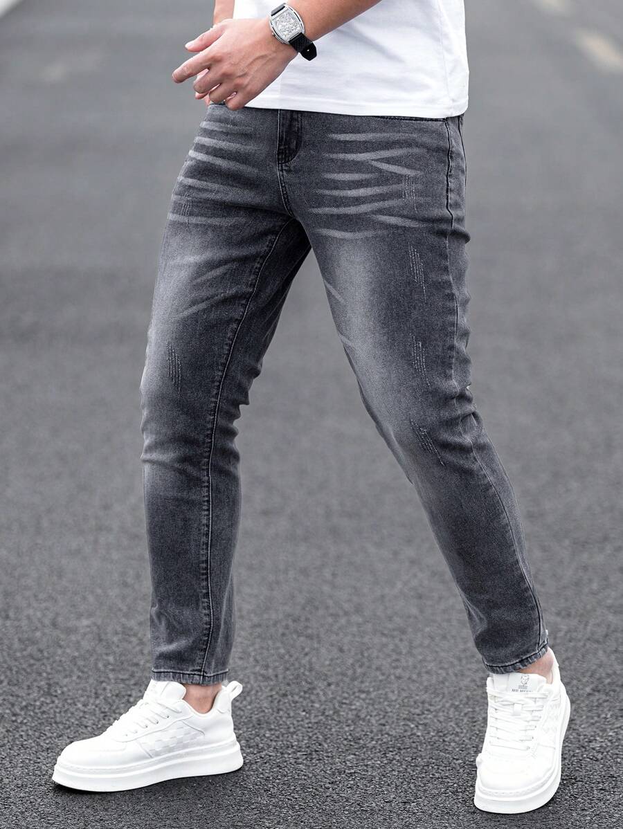 Manfinity Homme Men's Casual Denim Skinny Jeans, Simple Fashion Daily Wear - Light Grey - View 1