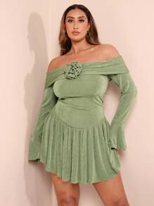 SHEIN BAE Đầm dự tiệc cocktail mini nữ dáng suông màu xanh lá nhạt, màu hồ trăn, xanh lá cây xô thơm, tay dài trễ vai, viền bèo nhún 3D, trang trí hoa, thích hợp cho tiệc cocktail, hẹn hò lãng mạn, tụ tập, sự kiện trang trọng, đi chơi đêm, váy dự tiệc cưới - màu xanh lá - Xem 2